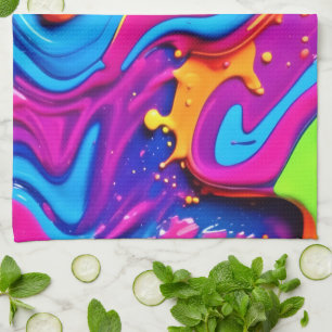 Neon Glow Liquid Splatter Artwork Tea Towel