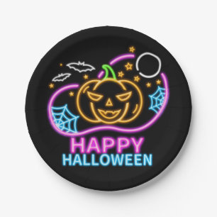 Neon Glow Look Halloween Pumpkin Bats Web Moon 7" Paper Plate