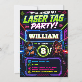 Neon Glow Mission Laser Tag Kids Birthday Invitation