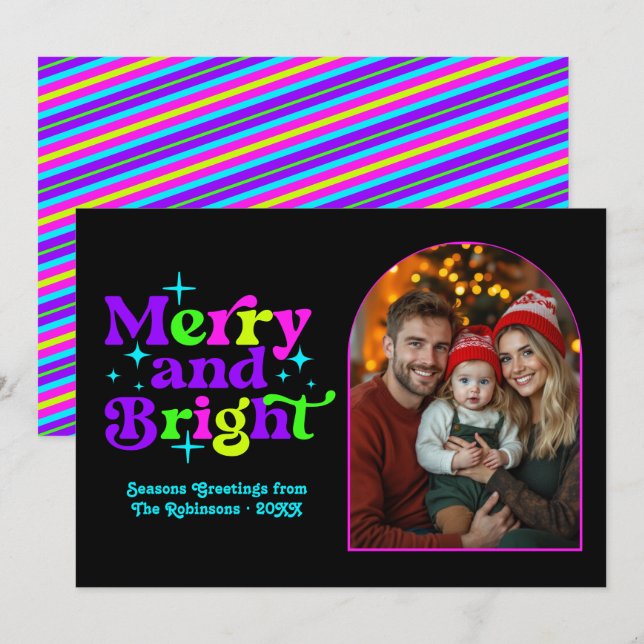 Neon Glow Modern Retro Christmas Family Photo Holiday Card (Front/Back)
