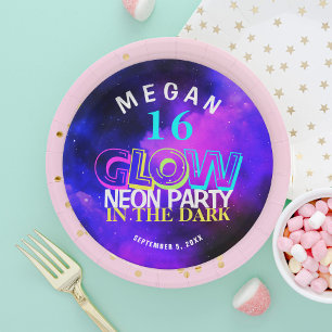 Neon glow modern Sweet 16 birthday party Paper Pla Paper Plate
