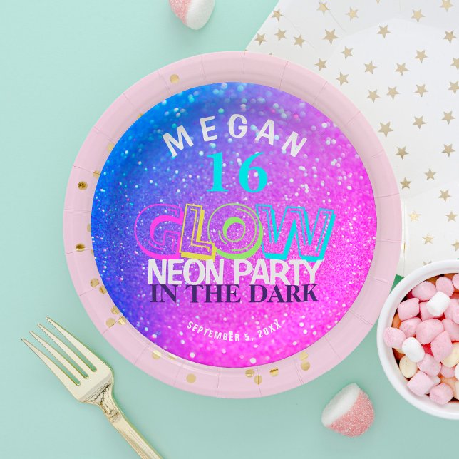 Neon glow modern Sweet 16 birthday party Paper Plate (Creator Uploaded)