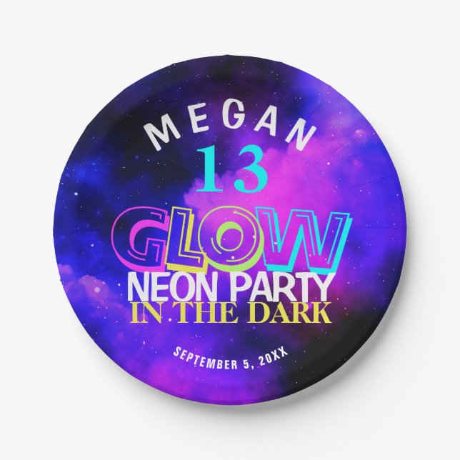 Neon glow modern teen 13th birthday party paper pl paper plate (Front)