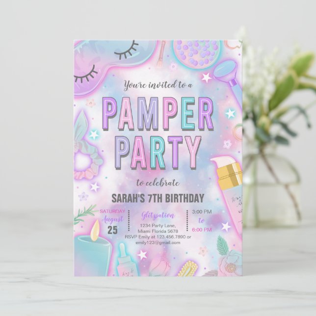 Neon Glow Pamper Spa Party Birthday Invitation (Standing Front)