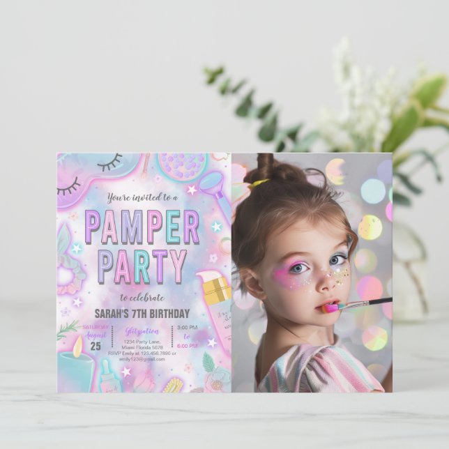 Neon Glow Pamper Spa Party Birthday Photo Invitation (Standing Front)