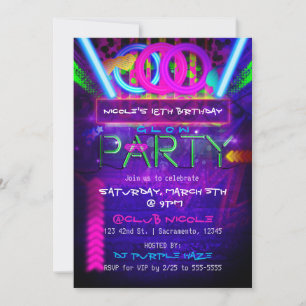 Neon Glow PARTY Birthday Club Event Invitations