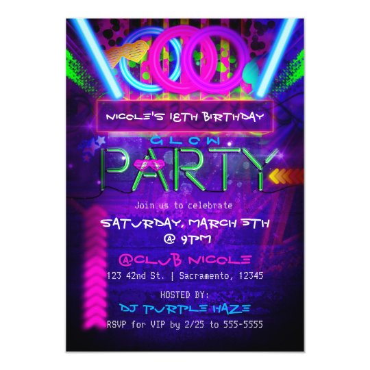 Neon Glow PARTY Birthday Club Event Invitations