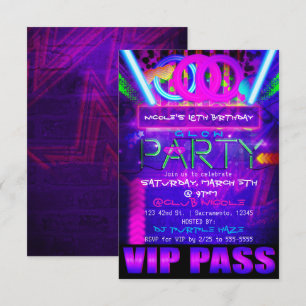 Neon Glow PARTY Birthday VIP PASS Club Invitations