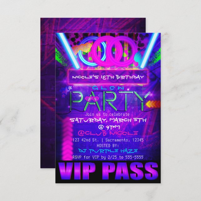 Neon Glow PARTY Birthday VIP PASS Club Invitations (Front/Back)