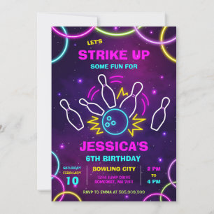 Neon Glow Party Bowling Birthday Invitation