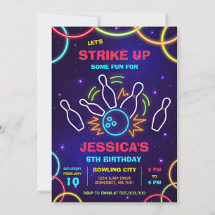 Neon Glow Party Bowling Birthday Invitation