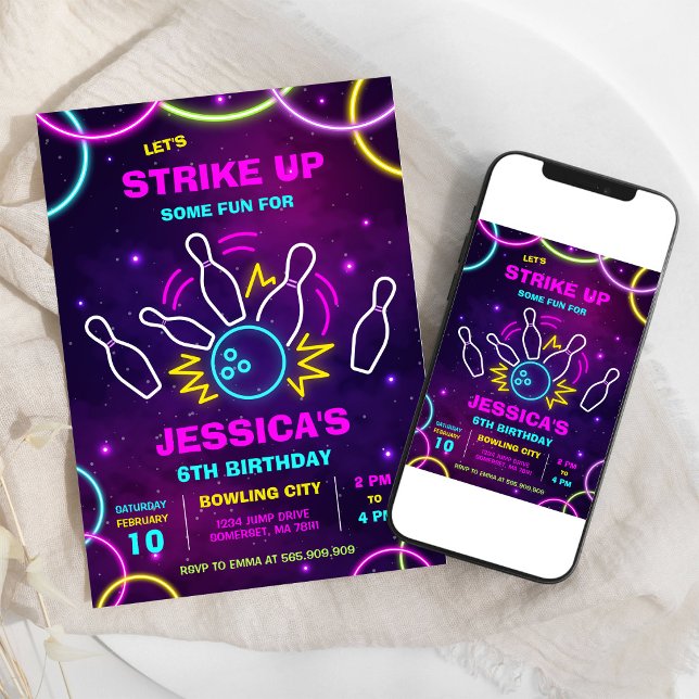 Neon Glow Party Bowling Birthday Invitation (Creator Uploaded)