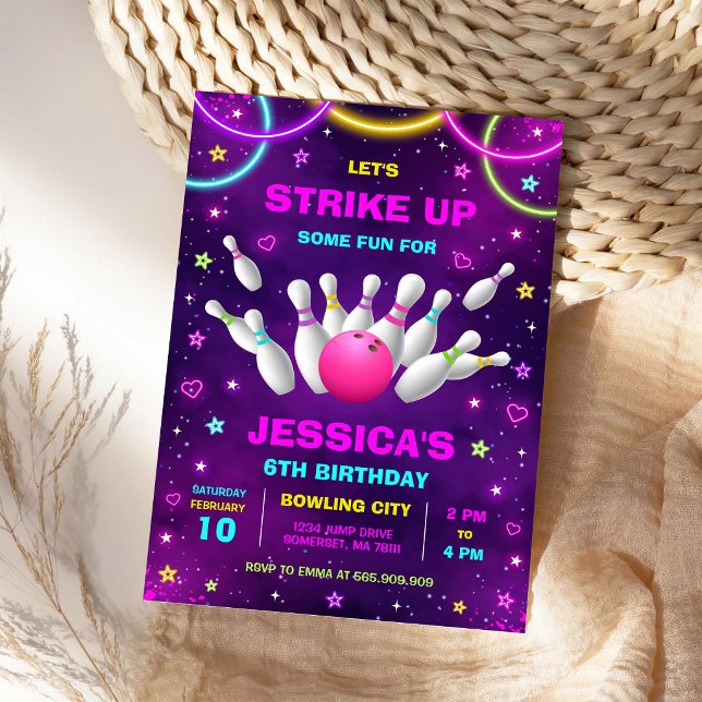 Neon Glow Party Bowling Birthday Invitation (Creator Uploaded)