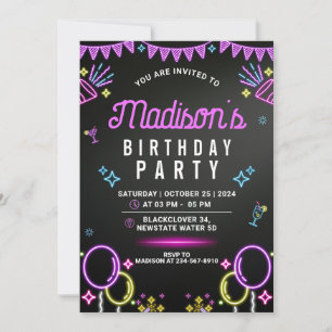 Neon Glow Party Editable Birthday Party Invitation