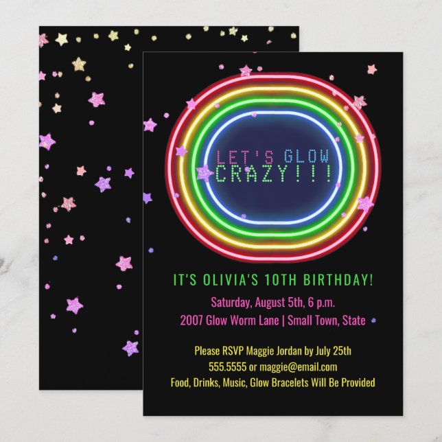 Neon Glow Party | Kids Birthday Party Stars Invitation (Front/Back)