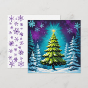 Neon Glow Pine Tree & Star in Dreamy Snowy Forest Holiday Card