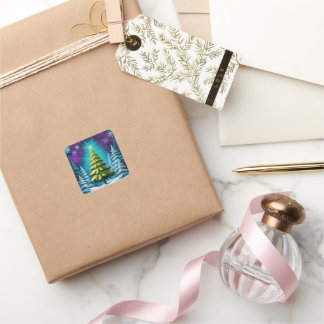 Neon Glow Pine Tree with Star in Dreamy Snowy Fore Square Sticker