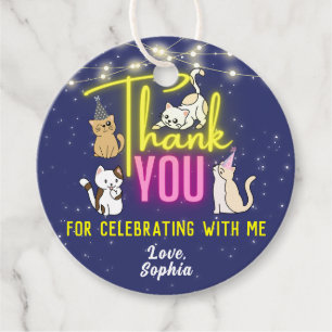 Neon Glow Pink Yellow Cute Cats Party Thank You Favour Tags