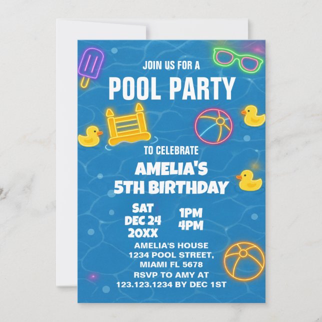 Neon Glow Pool Bash Invitation (Front)