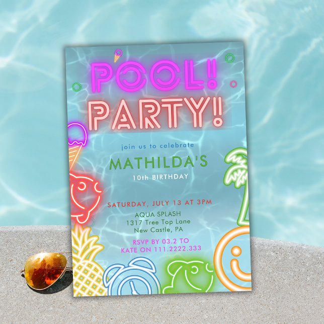 Neon Glow Pool Party Any Age Birthday  Invitation (Creator Uploaded)