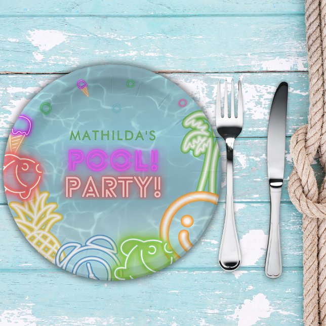 Neon Glow Pool Party Any Age Birthday  Paper Plate (Creator Uploaded)