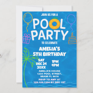 Neon Glow Pool Party Birthday Invitation