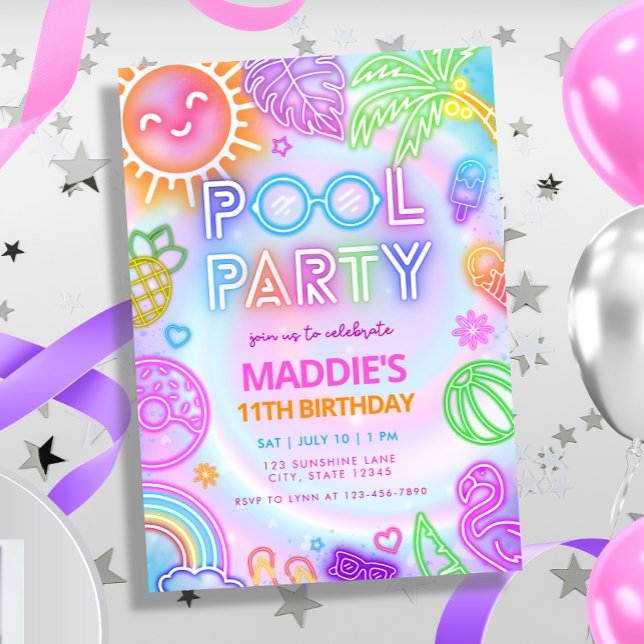 Neon Glow Pool Party Birthday Invitation (Creator Uploaded)
