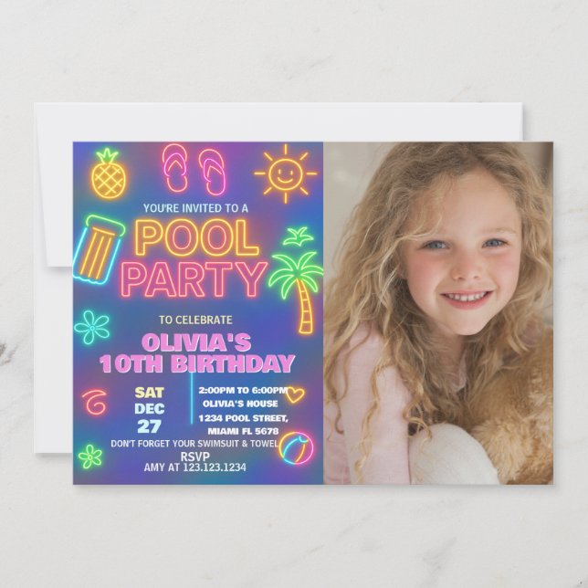 Neon Glow Pool Party Birthday Invite (Front)