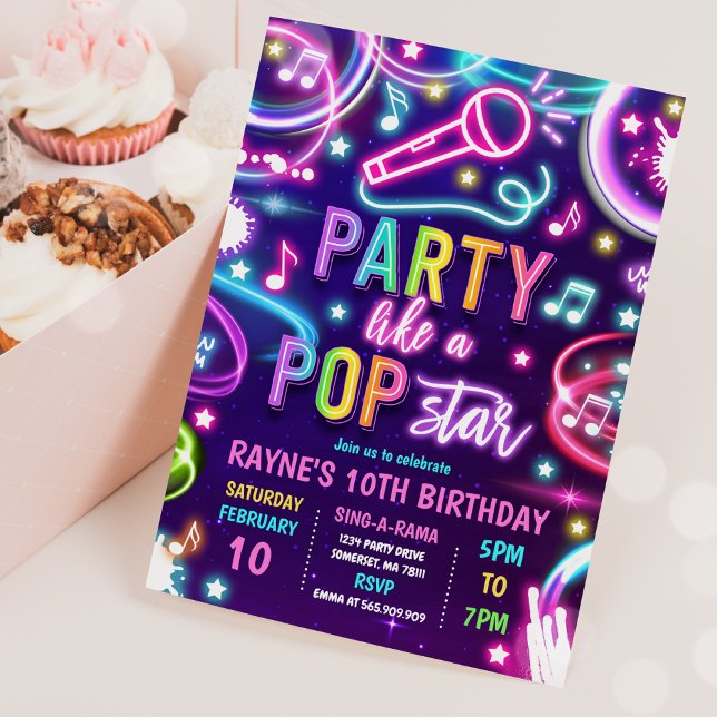 Neon Glow Pop Star Dance Music Birthday Party Invitation (Creator Uploaded)