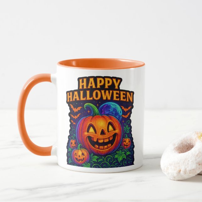 Neon Glow Pumpkin “Happy Halloween” Mug (With Donut)