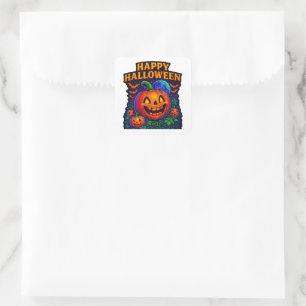 Neon Glow Pumpkin “Happy Halloween” Square Sticker