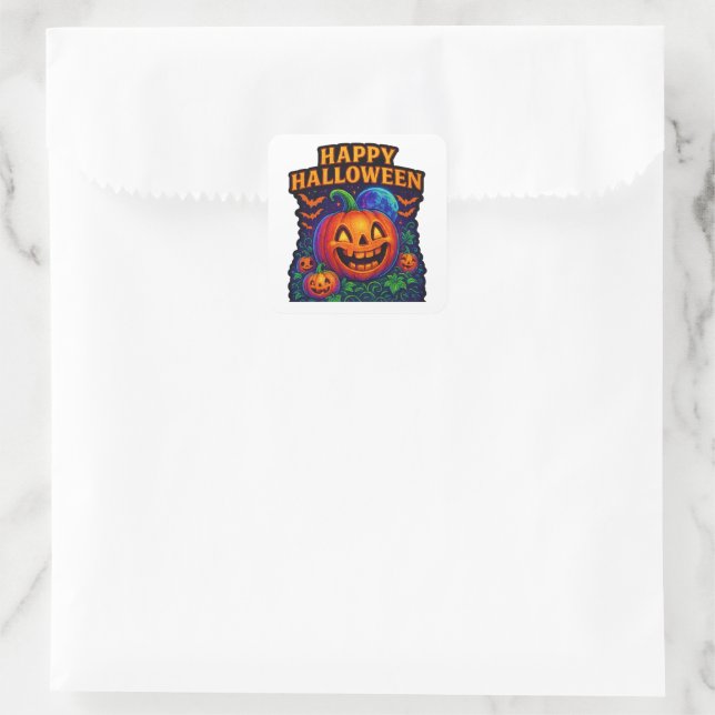 Neon Glow Pumpkin “Happy Halloween” Square Sticker (Bag)