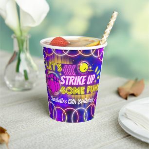 Neon Glow Purple Girl's Bowling Birthday Party Paper Cups