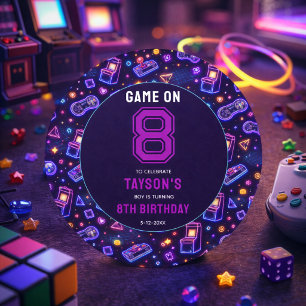 Neon Glow Retro Arcade Gaming 8th Birthday Classic Round Sticker
