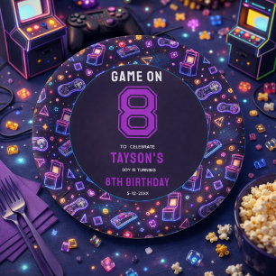 Neon Glow Retro Arcade Gaming 8th Birthday Paper Plate