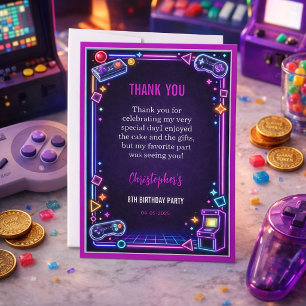 Neon Glow Retro Arcade Gaming 8th Birthday Thank You Card