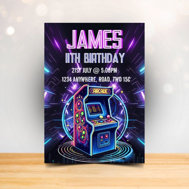Neon Glow Retro Arcade Gaming Birthday Party Invitation (Creator Uploaded)