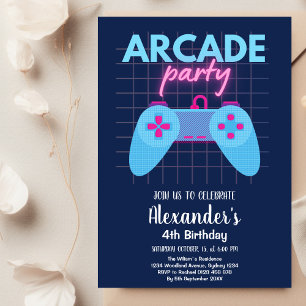 Neon Glow Retro Arcade Gaming Birthday Party Invitation