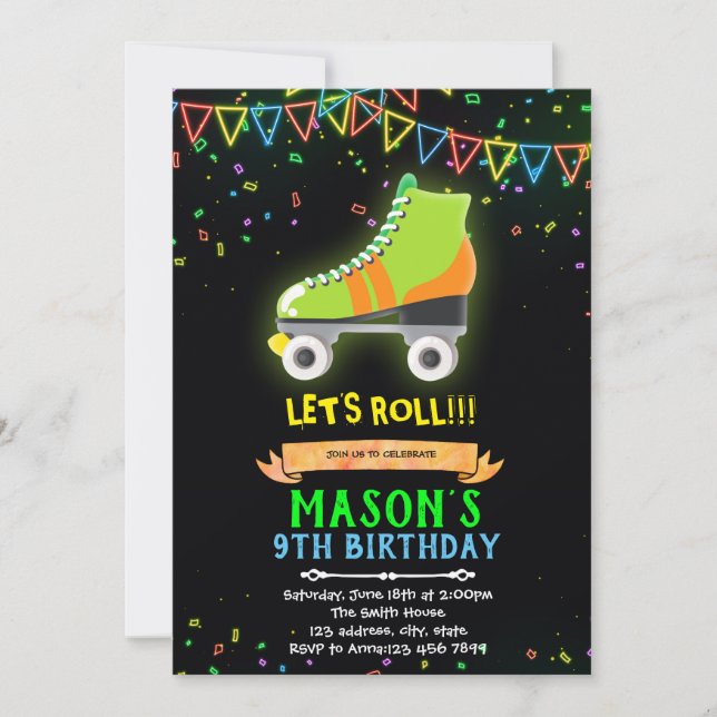 Neon glow roller skate theme birthday invitation (Front)