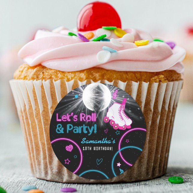 Neon Glow Roller Skating Let's Roll Birthday Party Classic Round Sticker (Neon Glow Roller Skating Let's Roll Birthday Party Classic Round Sticker)