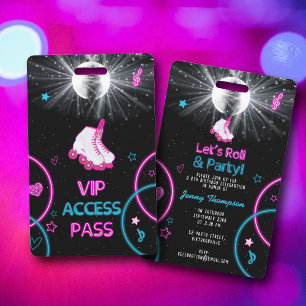 Neon Glow Roller Skating Let's Roll Birthday Party ID Badge