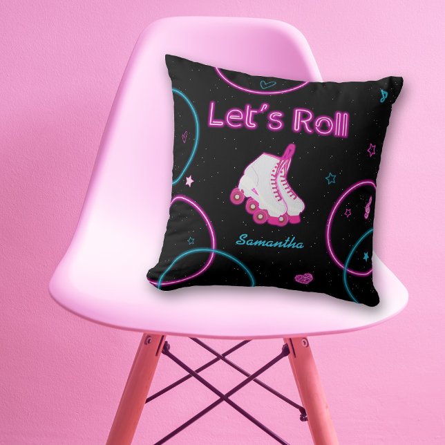 Neon Glow Roller Skating Let's Roll Girl  Cushion (Neon Glow Roller Skating Let's Roll Girl Throw Pillow)