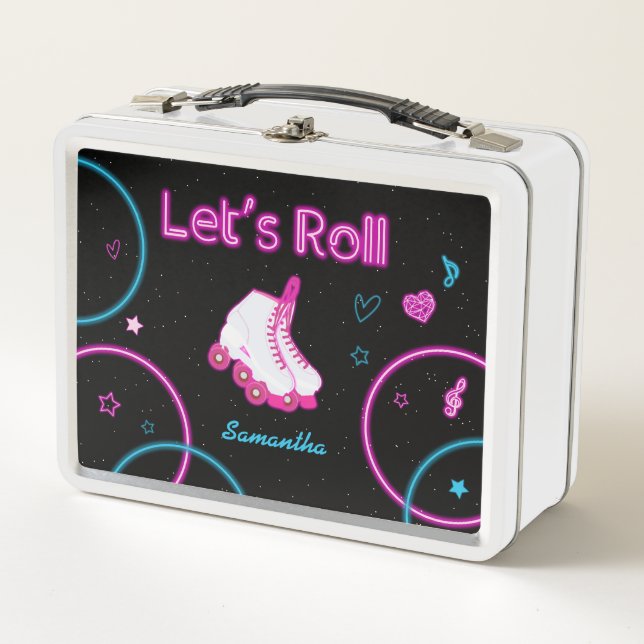Neon Glow Roller Skating Let's Roll  Metal Lunch Box (Front)