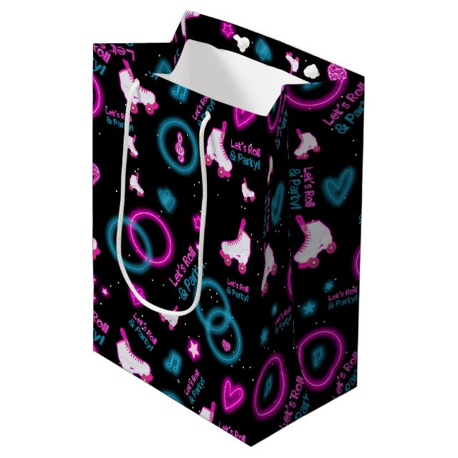 Neon Glow Roller Skating Let's Roll Pattern Medium Gift Bag (Front Angled)