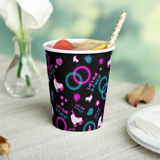 Neon Glow Roller Skating Let's Roll Pattern Paper Cups (Insitu)
