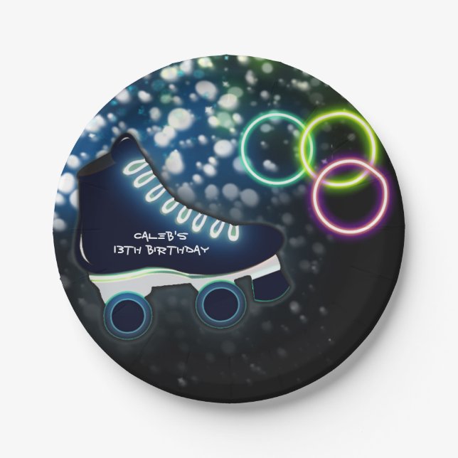 Neon Glow Skate Blue Birthday Party Skating Paper Plate (Front)