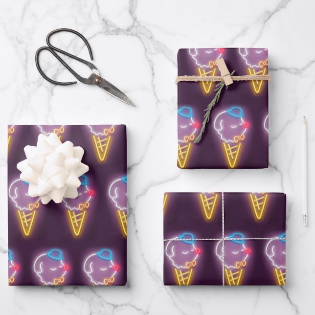 Neon Glow: Smiling Bichon Ice Cream Repeat Pattern Wrapping Paper Sheet (Front)