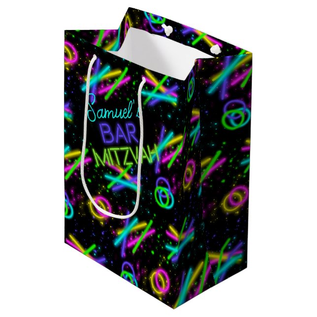 Neon Glow Stick Bar Mitzvah ID991 Medium Gift Bag (Front Angled)