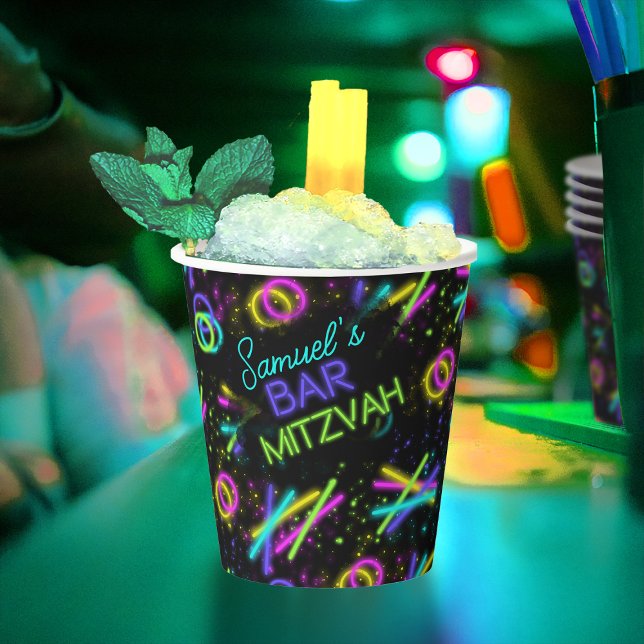 Neon Glow Stick Bar Mitzvah ID991 Paper Cups (In Situ)