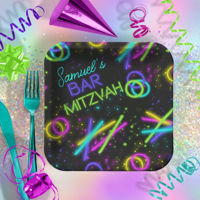 Neon Glow Stick Bar Mitzvah ID991 Paper Plate (In Situ)